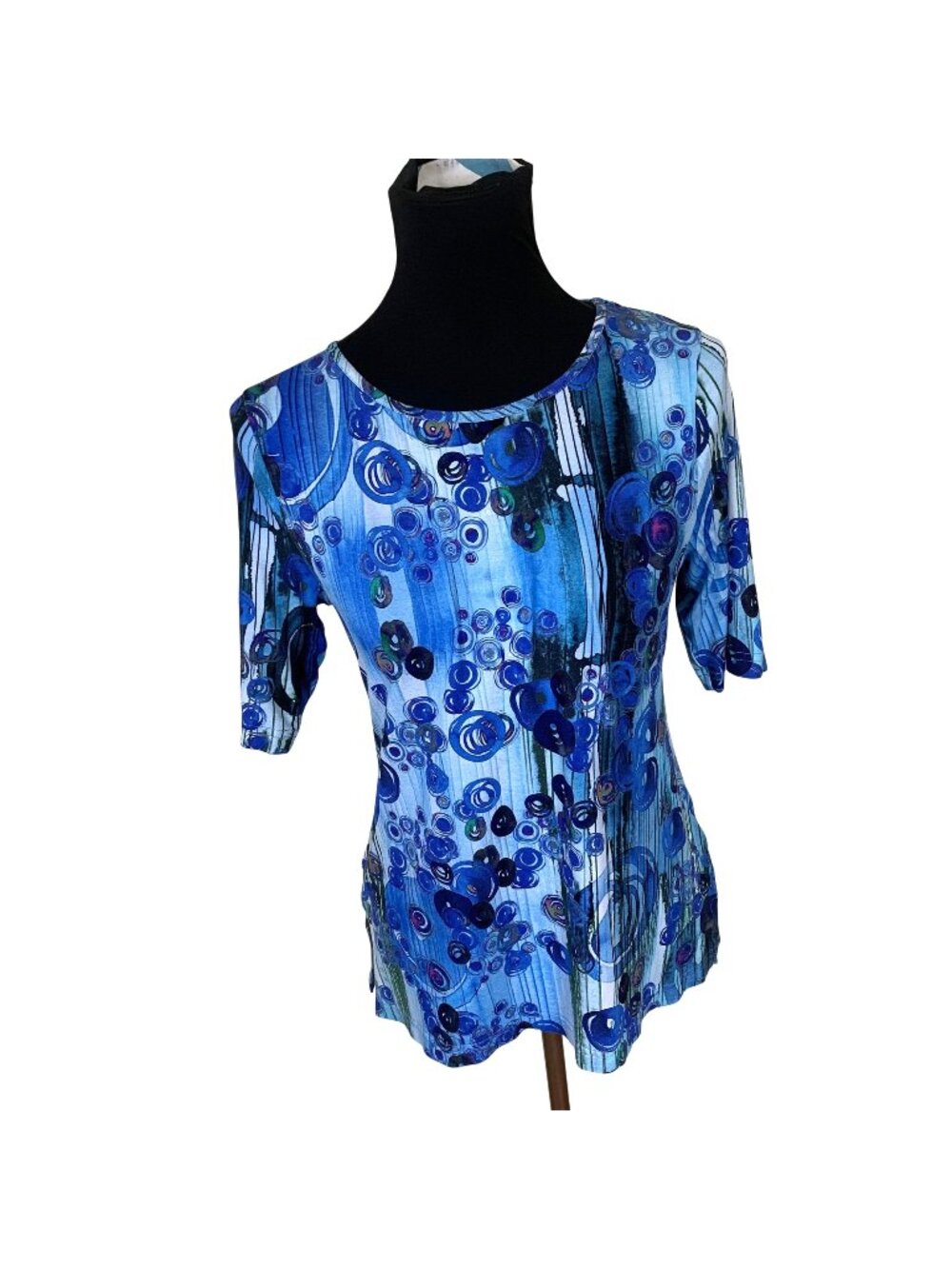 SnoSkins Womens Blouse Blue Green Abstract Print Short Sleeve Top Small